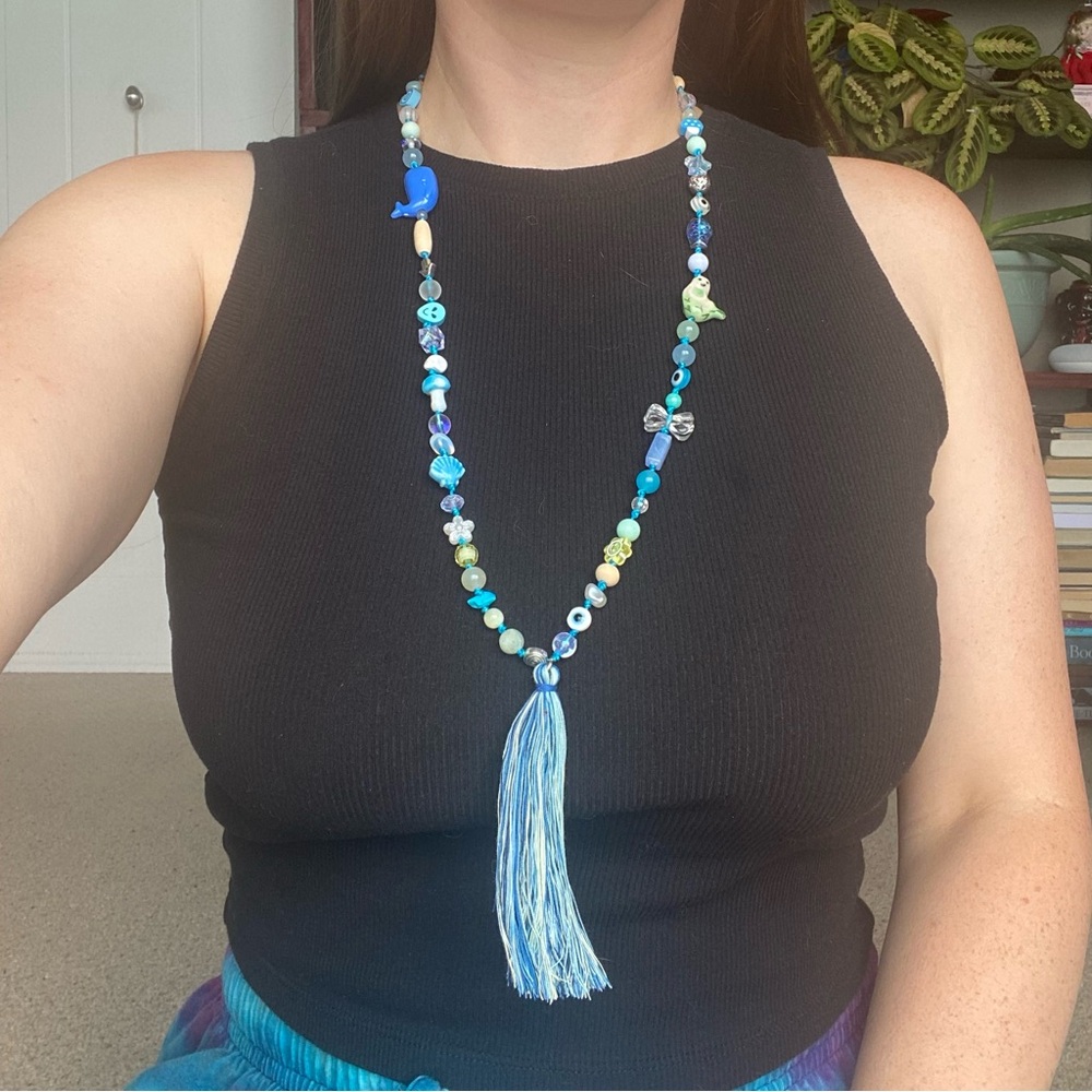 Blue Beaded Necklace with Tassel Mermaid Whale Ocean Mala Spiritual - Picture 11 of 11